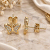 Oro Laminado Stud Earring, Gold Filled Style Butterfly Design, with White Micro Pave, Polished, Golden Finish, 02.156.0443