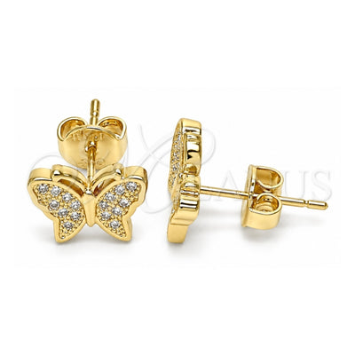 Oro Laminado Stud Earring, Gold Filled Style Butterfly Design, with White Micro Pave, Polished, Golden Finish, 02.156.0443