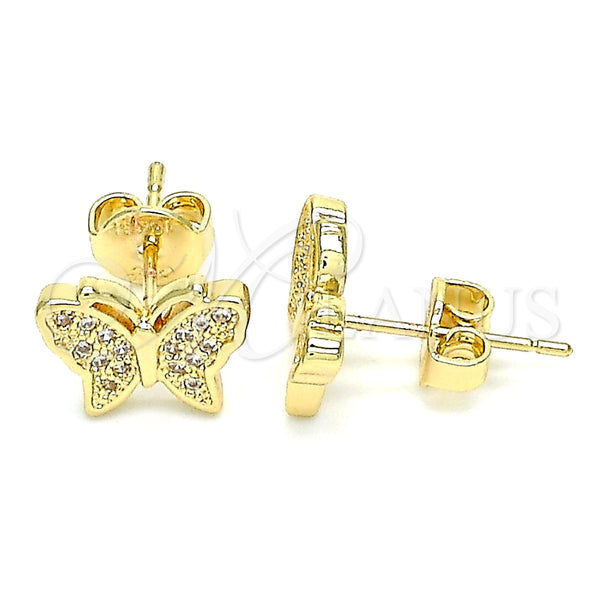 Oro Laminado Stud Earring, Gold Filled Style Butterfly Design, with White Micro Pave, Polished, Golden Finish, 02.156.0443