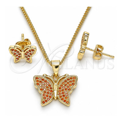 Oro Laminado Earring and Pendant Adult Set, Gold Filled Style Butterfly Design, with Garnet Micro Pave, Polished, Golden Finish, 10.156.0248.2