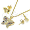 Oro Laminado Earring and Pendant Adult Set, Gold Filled Style Butterfly Design, with Multicolor Micro Pave, Polished, Golden Finish, 10.156.0248.3