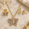 Oro Laminado Earring and Pendant Adult Set, Gold Filled Style Butterfly Design, with Multicolor Micro Pave, Polished, Golden Finish, 10.156.0248.3