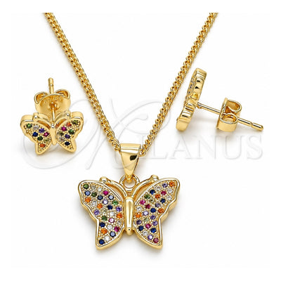 Oro Laminado Earring and Pendant Adult Set, Gold Filled Style Butterfly Design, with Multicolor Micro Pave, Polished, Golden Finish, 10.156.0248.3