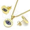 Oro Laminado Earring and Pendant Adult Set, Gold Filled Style with Sapphire Blue Micro Pave, Polished, Golden Finish, 10.156.0249.1