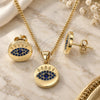 Oro Laminado Earring and Pendant Adult Set, Gold Filled Style with Sapphire Blue Micro Pave, Polished, Golden Finish, 10.156.0249.1