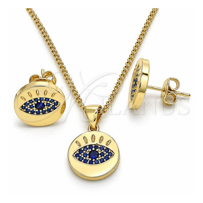 Oro Laminado Earring and Pendant Adult Set, Gold Filled Style with Sapphire Blue Micro Pave, Polished, Golden Finish, 10.156.0249.1