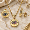 Oro Laminado Earring and Pendant Adult Set, Gold Filled Style with Multicolor Micro Pave, Polished, Golden Finish, 10.156.0249.2