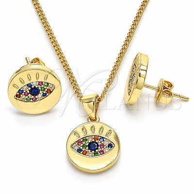 Oro Laminado Earring and Pendant Adult Set, Gold Filled Style with Multicolor Micro Pave, Polished, Golden Finish, 10.156.0249.2