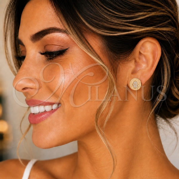 Oro Laminado Stud Earring, Gold Filled Style Judaica and Hand of God Design, with White Micro Pave, Polished, Golden Finish, 02.156.0445