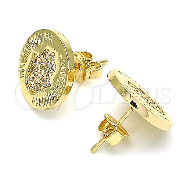 Oro Laminado Stud Earring, Gold Filled Style Judaica and Hand of God Design, with White Micro Pave, Polished, Golden Finish, 02.156.0445
