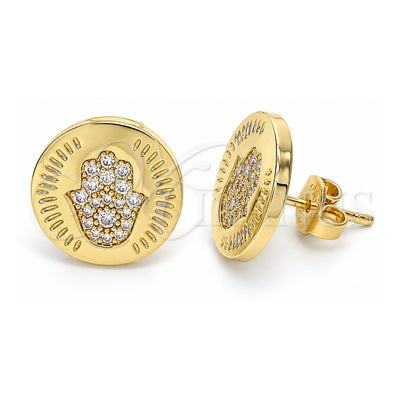 Oro Laminado Stud Earring, Gold Filled Style Judaica and Hand of God Design, with White Micro Pave, Polished, Golden Finish, 02.156.0445
