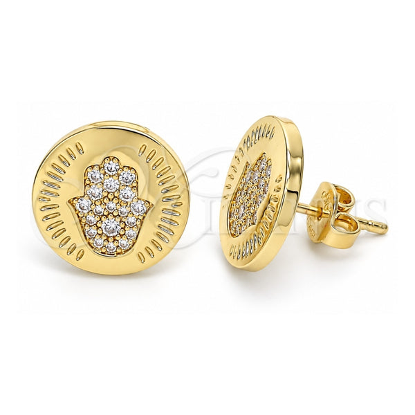 Oro Laminado Stud Earring, Gold Filled Style Judaica and Hand of God Design, with White Micro Pave, Polished, Golden Finish, 02.156.0445