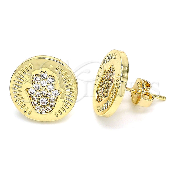 Oro Laminado Stud Earring, Gold Filled Style Judaica and Hand of God Design, with White Micro Pave, Polished for wholesale, main product view