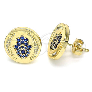Oro Laminado Stud Earring, Gold Filled Style Judaica and Hand of God Design, with Sapphire Blue Micro Pave, Polished, Golden Finish, 02.156.0445.1