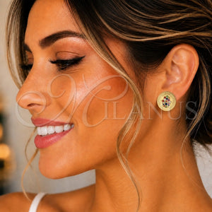 Oro Laminado Stud Earring, Gold Filled Style Hand of God and Judaica Design, with Multicolor Micro Pave, Polished, Golden Finish, 02.156.0445.2