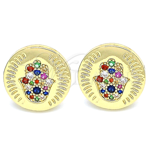 Oro Laminado Stud Earring, Gold Filled Style Hand of God and Judaica Design, with Multicolor Micro Pave, Polished, Golden Finish, 02.156.0445.2