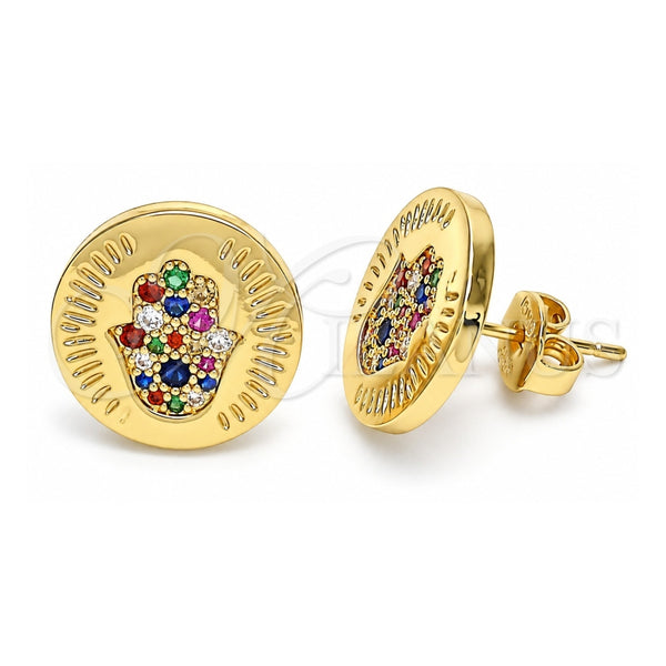 Oro Laminado Stud Earring, Gold Filled Style Hand of God and Judaica Design, with Multicolor Micro Pave, Polished, Golden Finish, 02.156.0445.2