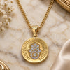 Oro Laminado Pendant Necklace, Gold Filled Style Judaica and Hand of God Design, with White Micro Pave, Polished, Golden Finish, 04.156.0307.20 (02 MM Thickness, 20 Inches Length)