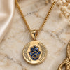 Oro Laminado Pendant Necklace, Gold Filled Style Hand of God and Judaica Design, with Sapphire Blue Micro Pave, Polished, Golden Finish, 04.156.0307.1.20 (02 MM Thickness, 20 Inches Length)