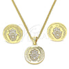 Oro Laminado Earring and Pendant Adult Set, Gold Filled Style Hand of God Design, with White Micro Pave, Polished, Golden Finish, 10.156.0250
