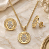 Oro Laminado Earring and Pendant Adult Set, Gold Filled Style Judaica and Hand of God Design, with White Micro Pave, Polished, Golden Finish, 10.156.0250
