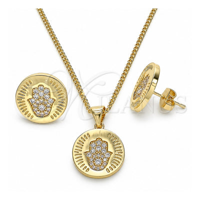 Oro Laminado Earring and Pendant Adult Set, Gold Filled Style Judaica and Hand of God Design, with White Micro Pave, Polished, Golden Finish, 10.156.0250