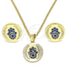 Oro Laminado Earring and Pendant Adult Set, Gold Filled Style Hand of God Design, with Sapphire Blue Micro Pave, Polished, Golden Finish, 10.156.0250.1