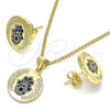 Oro Laminado Earring and Pendant Adult Set, Gold Filled Style Hand of God Design, with Sapphire Blue Micro Pave, Polished, Golden Finish, 10.156.0250.1