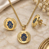Oro Laminado Earring and Pendant Adult Set, Gold Filled Style Hand of God and Judaica Design, with Sapphire Blue Micro Pave, Polished, Golden Finish, 10.156.0250.1