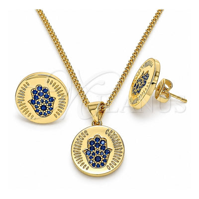Oro Laminado Earring and Pendant Adult Set, Gold Filled Style Hand of God and Judaica Design, with Sapphire Blue Micro Pave, Polished, Golden Finish, 10.156.0250.1