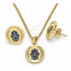 Oro Laminado Earring and Pendant Adult Set, Gold Filled Style Hand of God and Judaica Design, with Sapphire Blue Micro Pave, Polished, Golden Finish, 10.156.0250.1