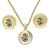 Oro Laminado Earring and Pendant Adult Set, Gold Filled Style Hand of God and Judaica Design, with Multicolor Micro Pave, Polished, Golden Finish, 10.156.0250.2
