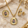 Oro Laminado Earring and Pendant Adult Set, Gold Filled Style Hand of God and Judaica Design, with Multicolor Micro Pave, Polished, Golden Finish, 10.156.0250.2