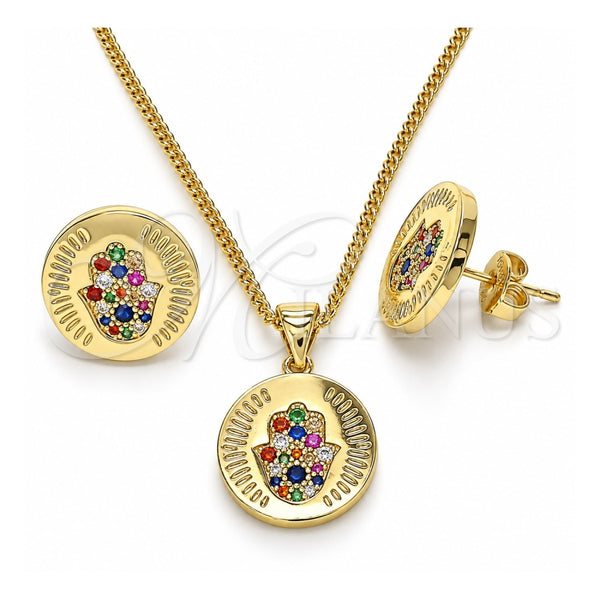 Oro Laminado Earring and Pendant Adult Set, Gold Filled Style Hand of God and Judaica Design, with Multicolor Micro Pave, Polished, Golden Finish, 10.156.0250.2