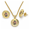 Oro Laminado Earring and Pendant Adult Set, Gold Filled Style Hand of God and Judaica Design, with Multicolor Micro Pave, Polished, Golden Finish, 10.156.0250.2