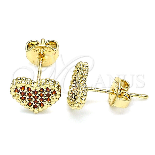 Oro Laminado Stud Earring, Gold Filled Style Heart Design, with Garnet Micro Pave, Polished, Golden Finish, 02.156.0446.2