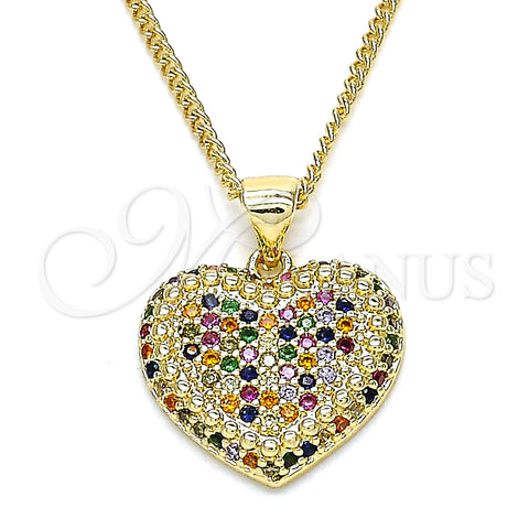 Oro Laminado Pendant Necklace, Gold Filled Style Heart Design, with Multicolor Micro Pave, Polished, Golden Finish, 04.156.0308.3.20 (02 MM Thickness, 20 Inches Length)