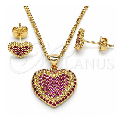 Oro Laminado Earring and Pendant Adult Set, Gold Filled Style Heart Design, with Ruby Micro Pave, Polished, Golden Finish, 10.156.0251.1