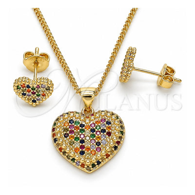 Oro Laminado Earring and Pendant Adult Set, Gold Filled Style Heart Design, with Multicolor Micro Pave, Polished, Golden Finish, 10.156.0251.3