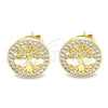 Oro Laminado Stud Earring, Gold Filled Style Tree Design, with White Micro Pave, Polished, Golden Finish, 02.156.0447
