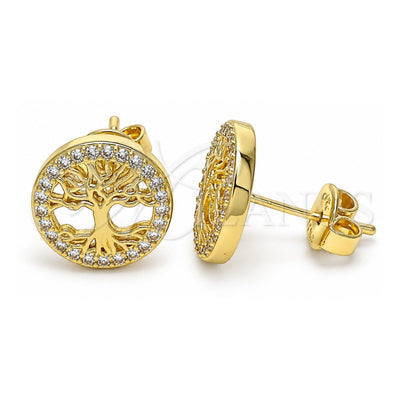 Oro Laminado Stud Earring, Gold Filled Style Tree Design, with White Micro Pave, Polished, Golden Finish, 02.156.0447