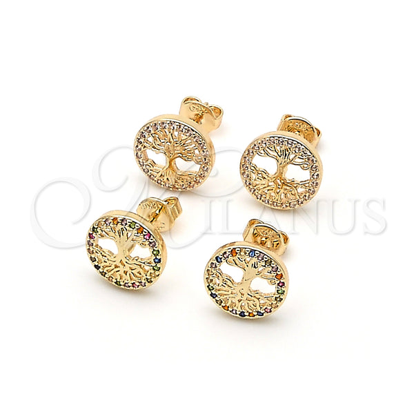 Oro Laminado Stud Earring, Gold Filled Style Tree Design, with White Micro Pave, Polished, Golden Finish, 02.156.0447
