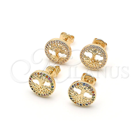 Oro Laminado Stud Earring, Gold Filled Style Tree Design, with White Micro Pave, Polished, Golden Finish, 02.156.0447