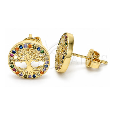 Oro Laminado Stud Earring, Gold Filled Style Tree Design, with Multicolor Micro Pave, Polished, Golden Finish, 02.156.0447.1