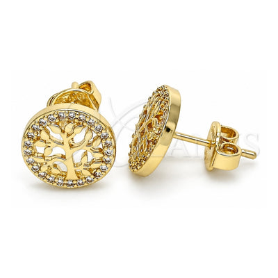 Oro Laminado Stud Earring, Gold Filled Style Tree Design, with Multicolor Micro Pave, Polished, Golden Finish, 02.156.0448