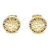 Oro Laminado Stud Earring, Gold Filled Style Tree Design, with Multicolor Micro Pave, Polished, Golden Finish, 02.156.0448.1