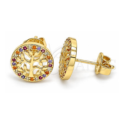 Oro Laminado Stud Earring, Gold Filled Style Tree Design, with Multicolor Micro Pave, Polished, Golden Finish, 02.156.0448.1