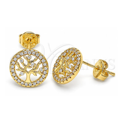 Oro Laminado Stud Earring, Gold Filled Style Tree Design, with White Micro Pave, Polished, Golden Finish, 02.156.0449