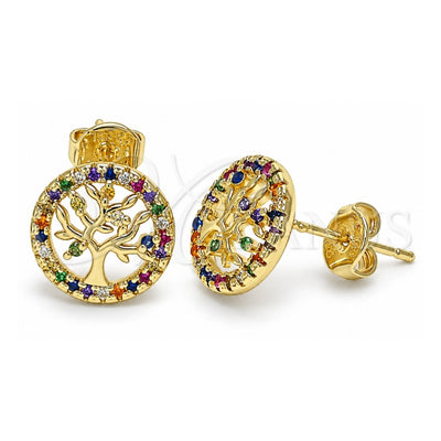 Oro Laminado Stud Earring, Gold Filled Style Tree Design, with Multicolor Micro Pave, Polished, Golden Finish, 02.156.0449.1