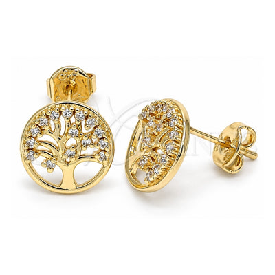 Oro Laminado Stud Earring, Gold Filled Style Tree Design, with White Micro Pave, Polished, Golden Finish, 02.156.0450